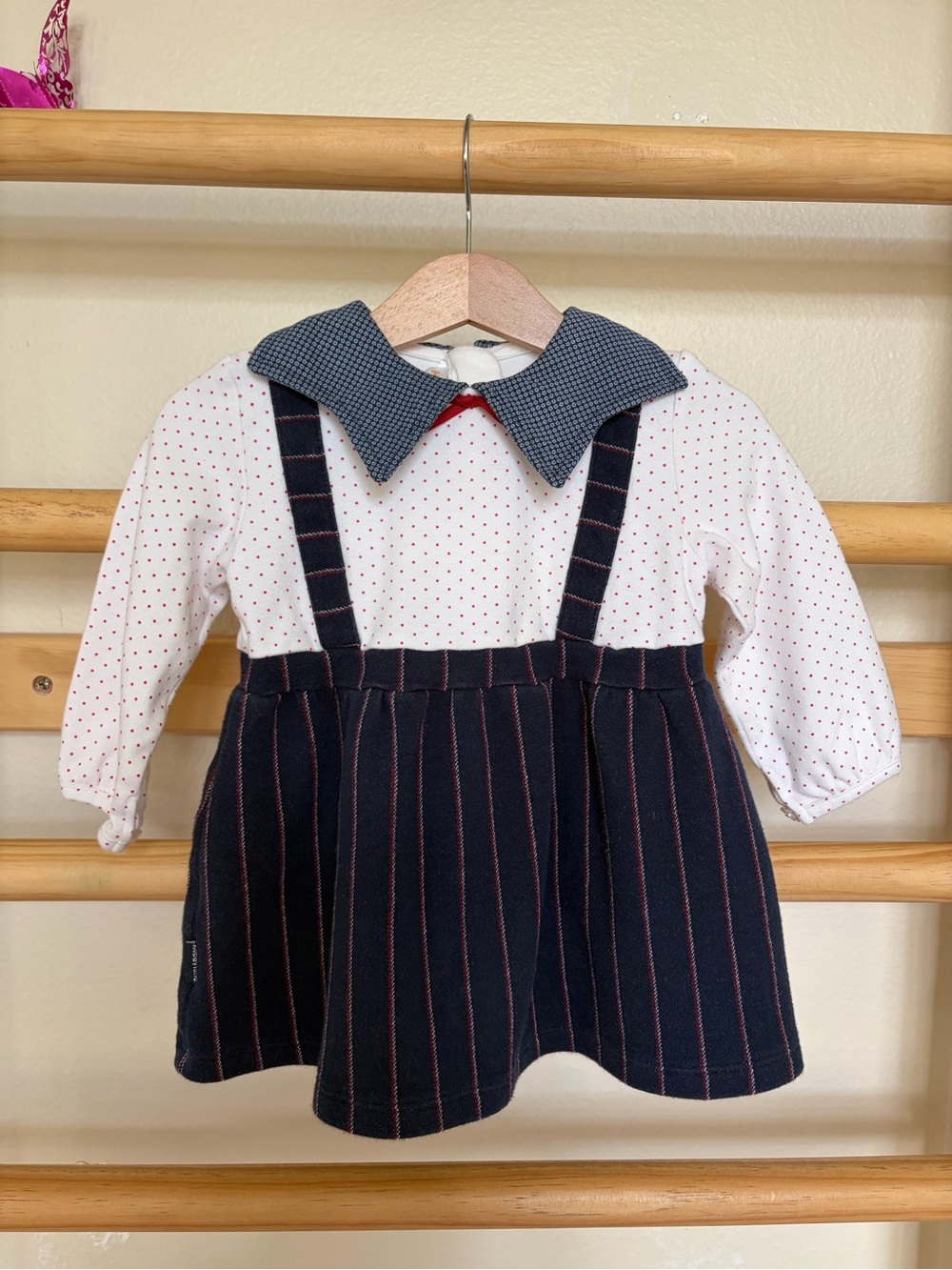 Navy Pinstripe Suspender Dress with Polka Dot Top